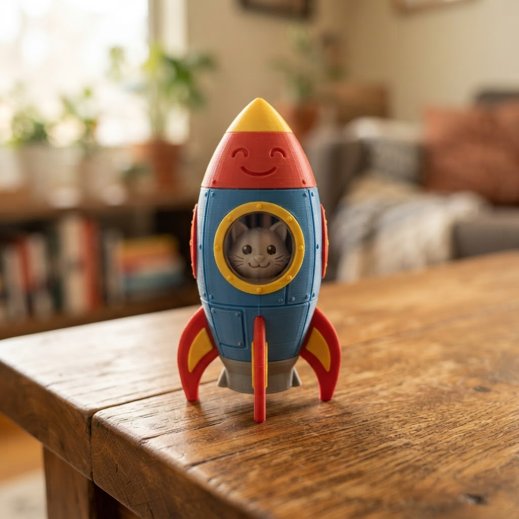 Finished 3D-printed toy of Captain Whiskers