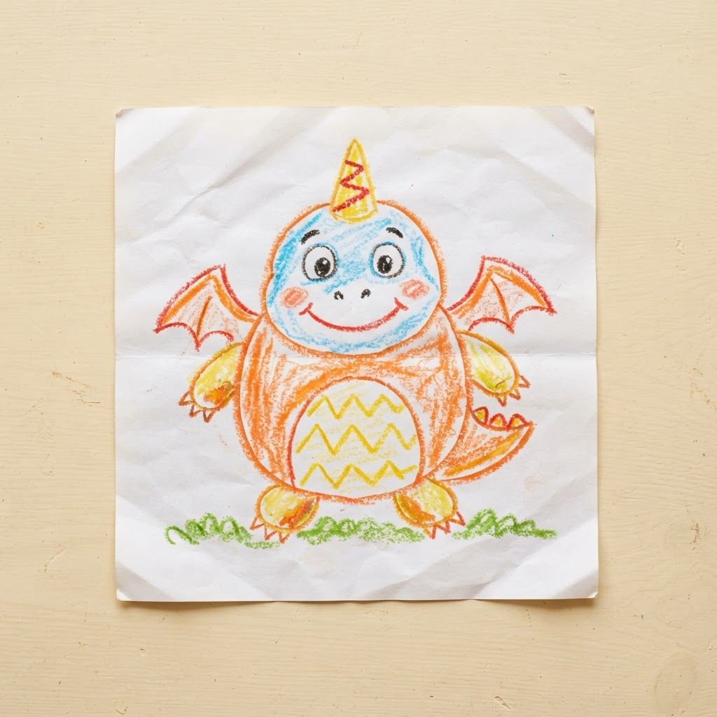 A child's crayon drawing of a friendly dragon