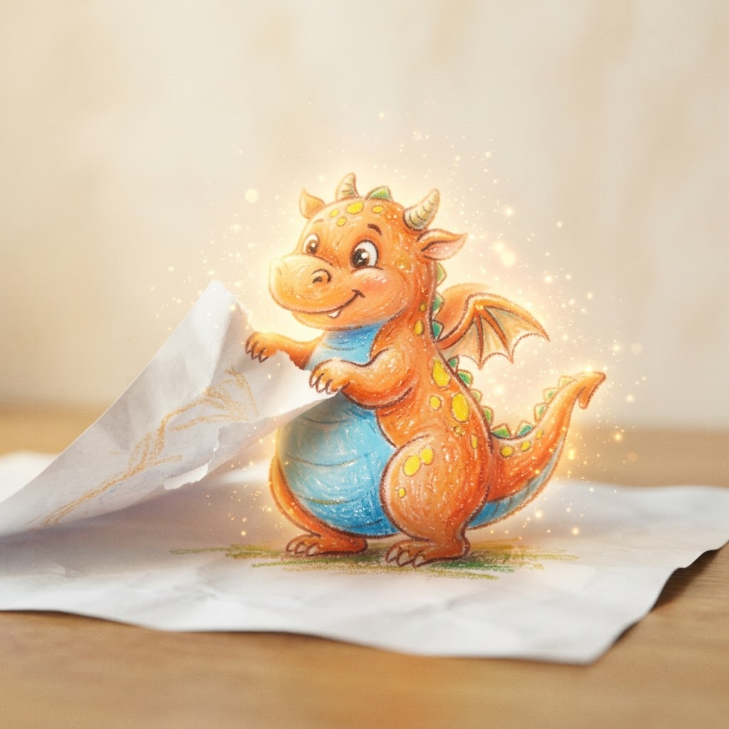 The drawing lifting off the page with a magical glow