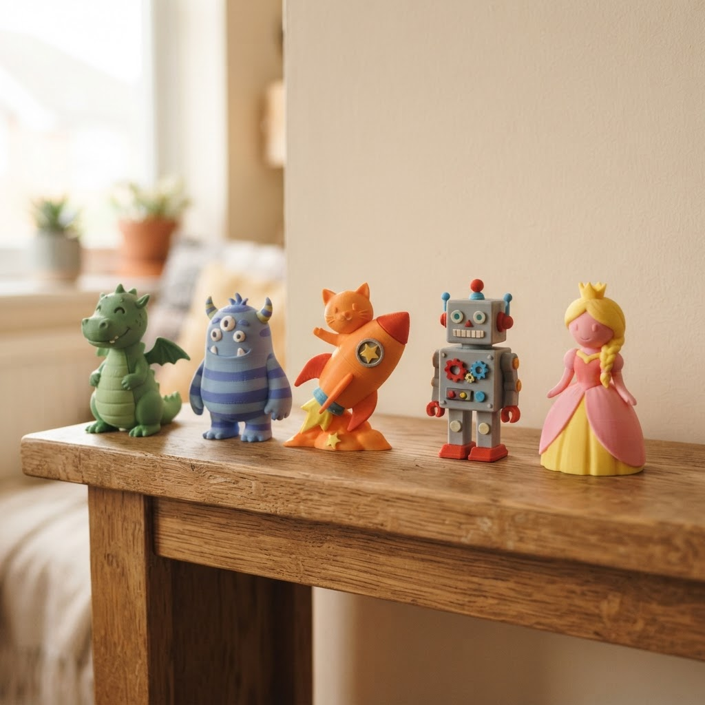 A shelf of finished 3D-printed keepsake toys made from children's drawings